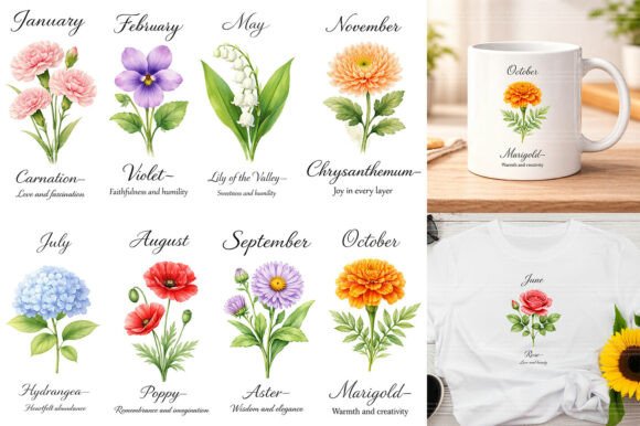 Download Watercolor Birth Month Flowers Clipart - Month flowers Collection